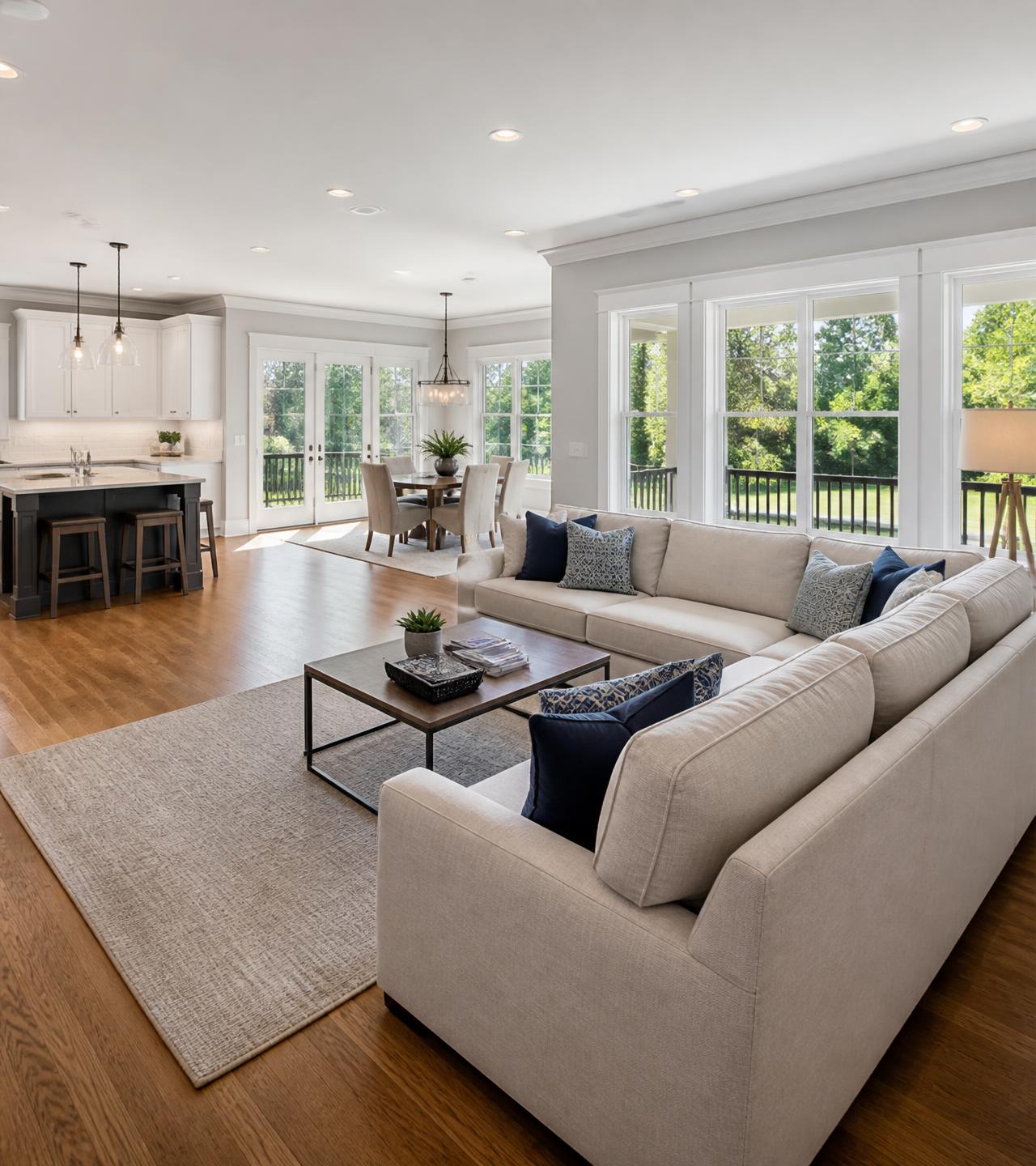 Clean, sunlit open living space in an elegant home